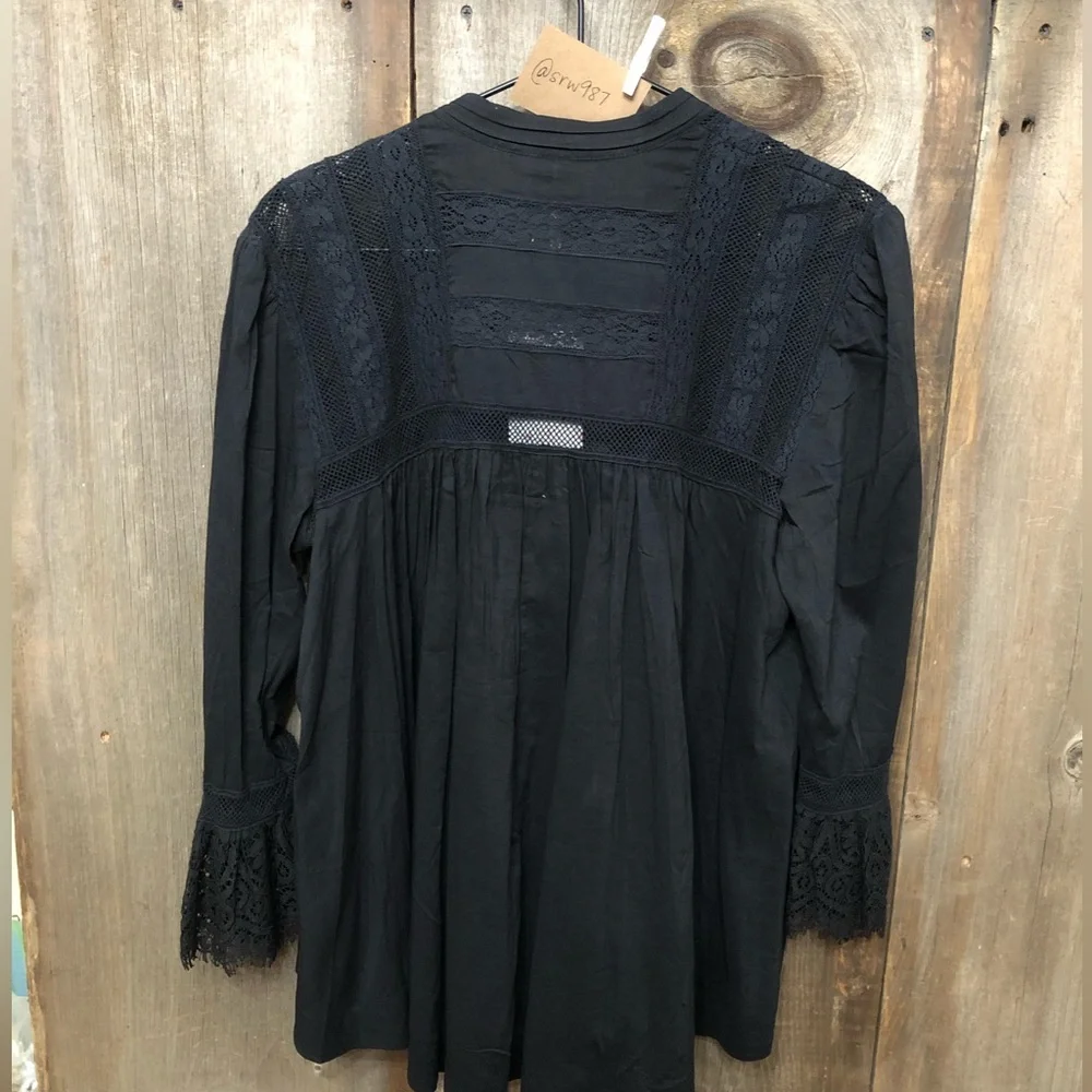 Free People Esme Lace Trim Blouse in Black Size Small